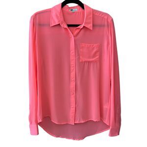 Kut From The Kloth neon pink sheer long sleeve button front blouse
